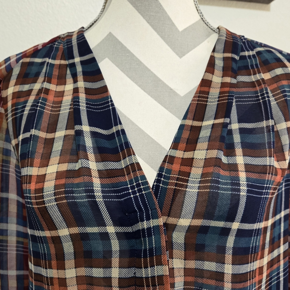 Maeve Sheer Plaid Long Sleeve Button Up Blouse Blue Orange Cream Red Size XS - Picture 3 of 12